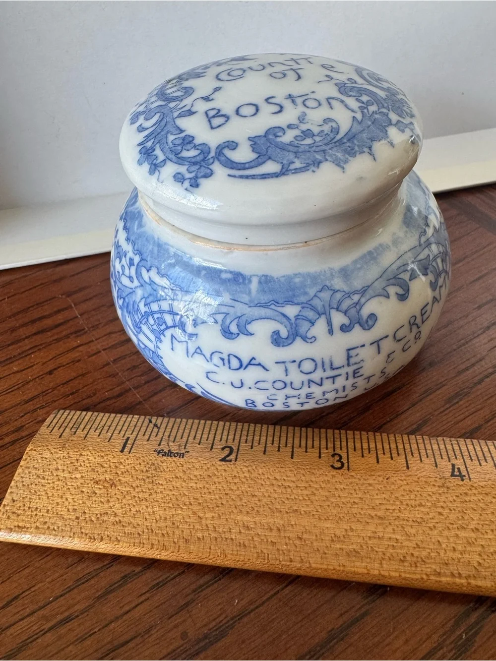 Antique Cobalt Blue Countie of Boston Magda Toilet Porcelain Cream Jar Pot Lid
